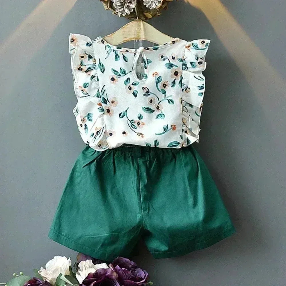 Kids Clothes Girls Set Sleeveless T-shirt+Shorts 2PCS/Sets Baby Girls Clothes Chiffon Shirt Flower Print Children Girls Clothes