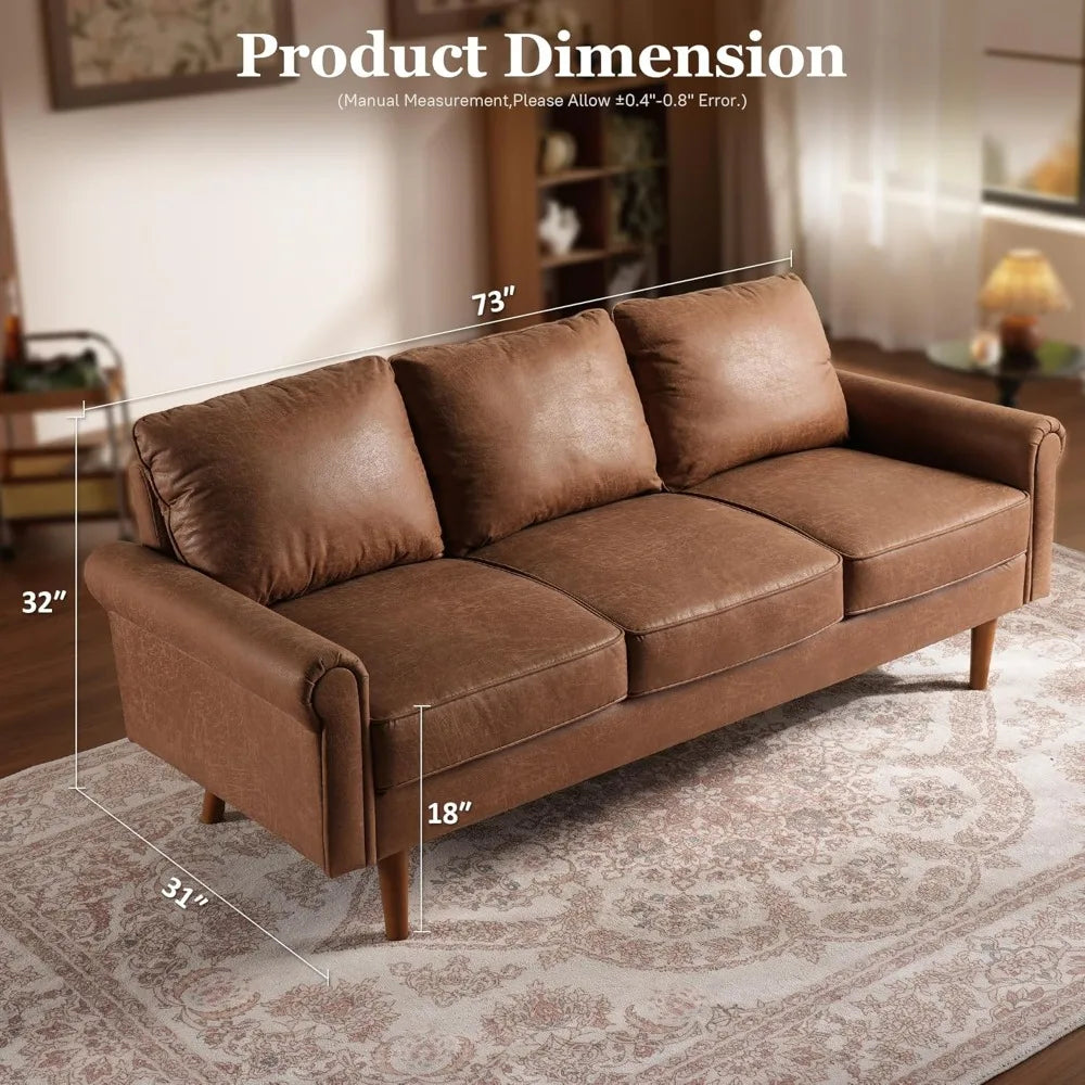 Faux Leather Mid-Century Modern Sofa for Living Room,3 Seater Couch with Comfy Cushions,73" Upholstered Sofas with Deep Seat