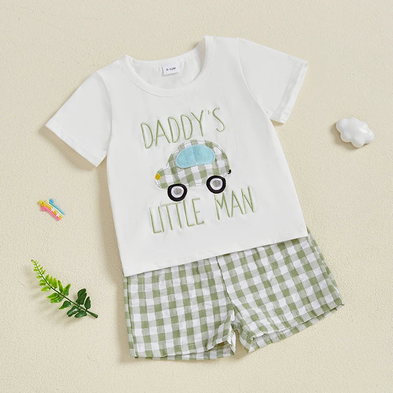 Cute Toddler Boy Summer Clothes Set with Embroidered T-Shirts and Plaid Shorts for a Stylish Look in Hot Weather