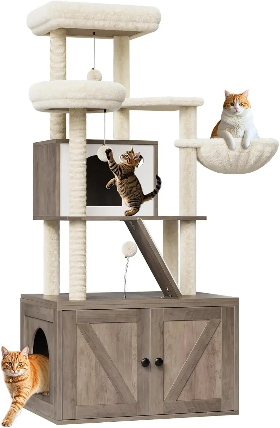 Tall Cat Tree with Litter BoxEnclosure 2-in-1 Modern Large Cat Tower for Indoor Cats with Double Condos/Scratching Posts/Hammock