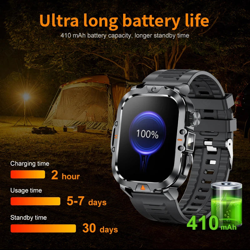 2.01-inch HD Screen Men Smart Watch with Flashlight Outdoor Sports Men's Watch IP68 Waterproof Health Monitoring Call Smartwatch