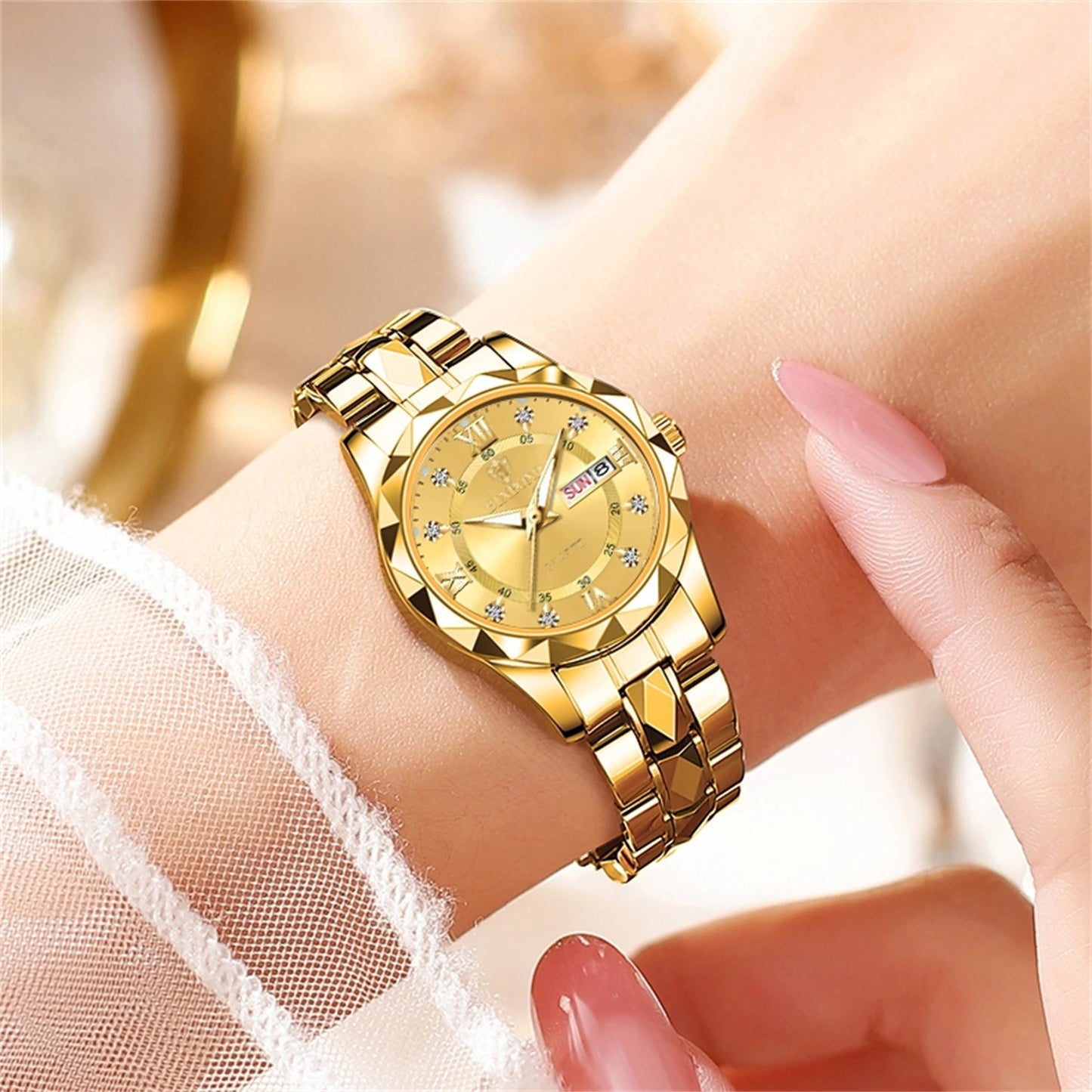 2pcs/set Couple Watches for Men and Women 316 Stainless Steel Strap Gold and Silver Blue dial English Week Calendar Date Display