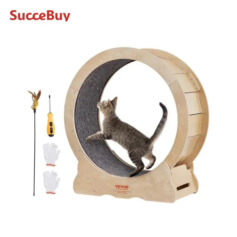 VEVOR Cat Exercise Wheel Natural Wood Silent Running Toy Treadmill Roller Wheel with Detachable Carpet for Most Cats Pet Fitness