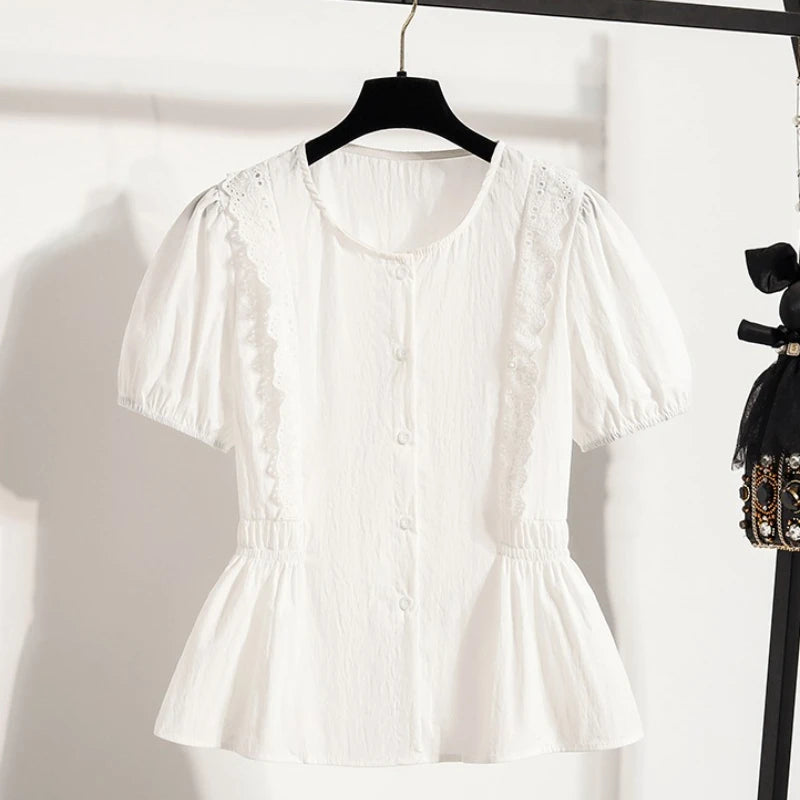 Plus Size Women's Shirts Summer 2025 French Style Sweet Lace Border Thin Top Waist Cinched Short Sleeved Doll Shirt Casual Tops