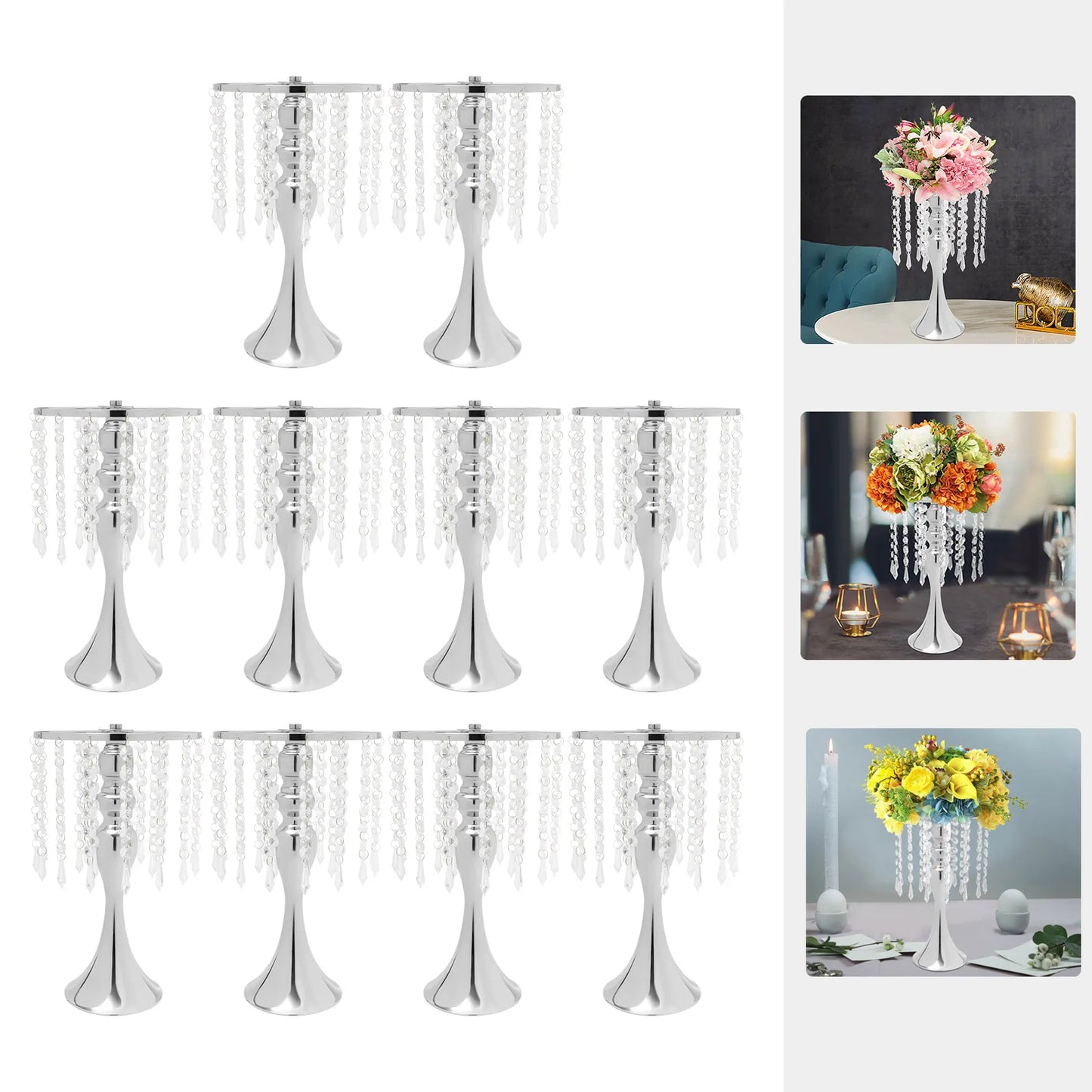 10 PCS Golden/Sliver Crystal Flower Holders Centerpiece Metal Flower Vase with Stable Base for Wedding Party Event Decor