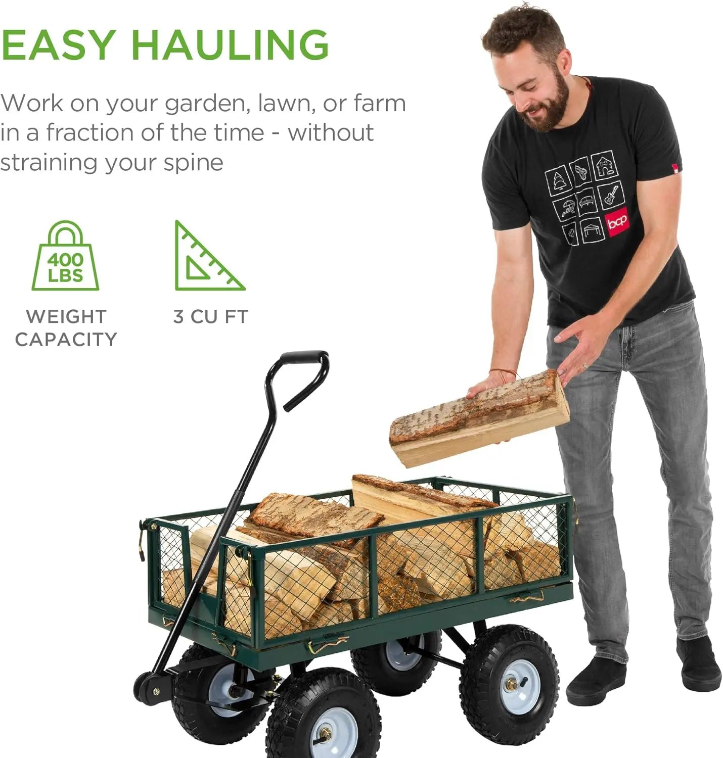 Utility Garden Cart Wagon for Lawn Yard w Heavy Duty Steel 400lb Weight Capacity Removable Sides Long Handle 10in Tires Green