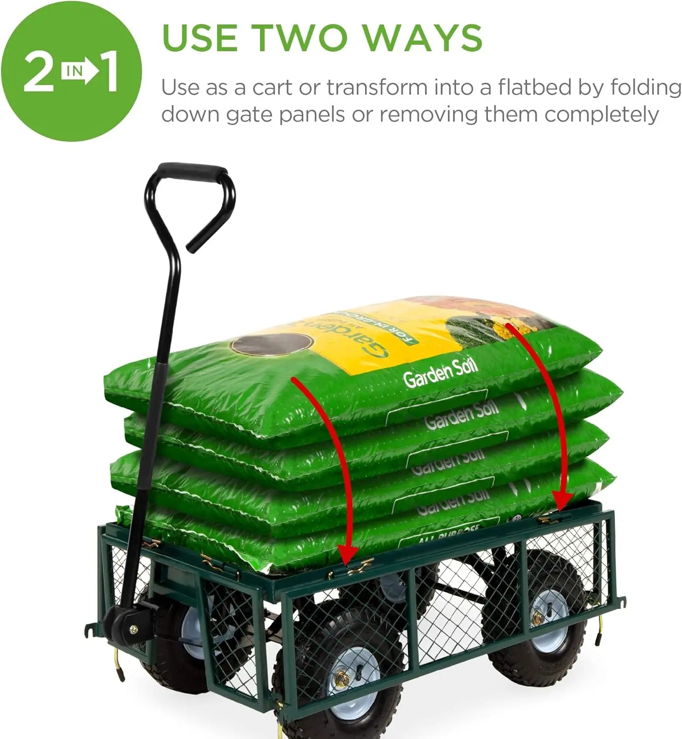 Utility Garden Cart Wagon for Lawn Yard w Heavy Duty Steel 400lb Weight Capacity Removable Sides Long Handle 10in Tires Green