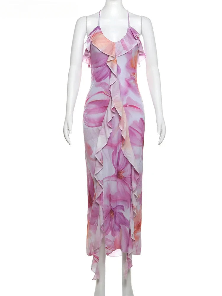 Weird Puss Flower Print Dress Woman Summer Strapless Splits Irregular Tassel Patchwork Backless Bandage Party Skinny Vestidos