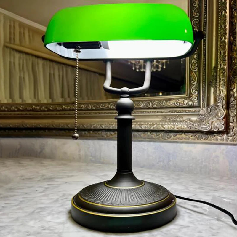 Antique Green Glass Bankers Desk Lamp with Pull Chain Switch Plug in Fixture Living Room Bedroom Bedside Lamp