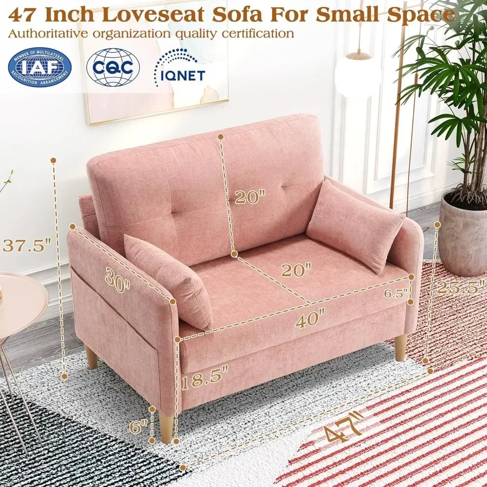 47” Small Couch for Living Room, Chenille Fabric Love Seat Comfy Sofa for Bedroom with Throw Pillow Loveseat Sofa