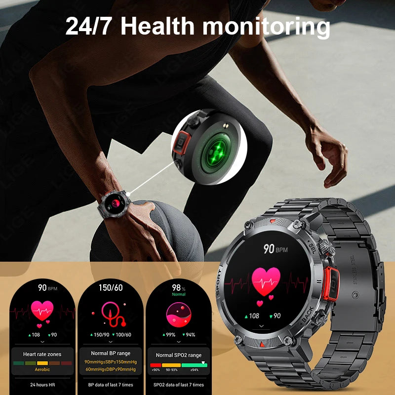 LIGE Smart Watch 3ATM Waterproof Original Design For Men Bluetooth Call Health Monitor With Flashlight 100+ Sports Modes Watches