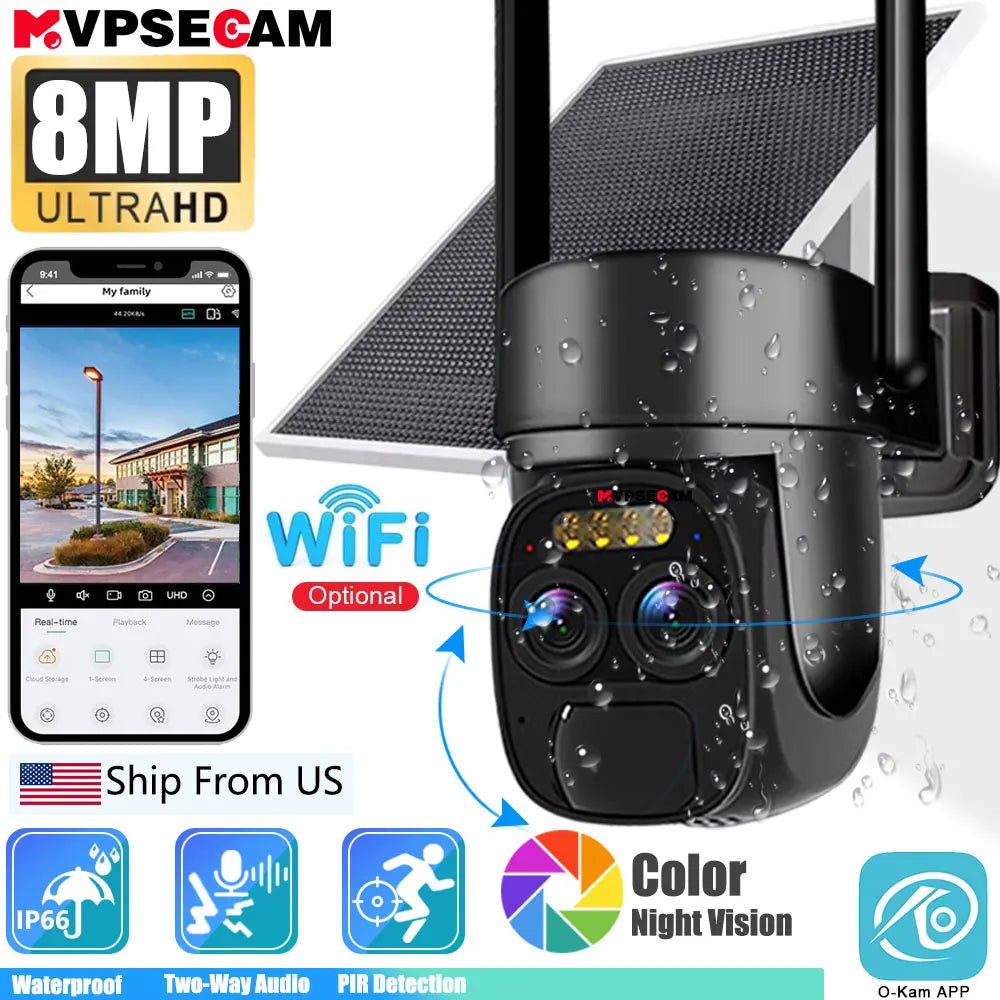 4K 8MP Dual Lens WIFI Solar Pane Camera Outdoor 10X Optical Zoom Audio Color Night Vision Bulit-in Battery Security Camera O-KAM