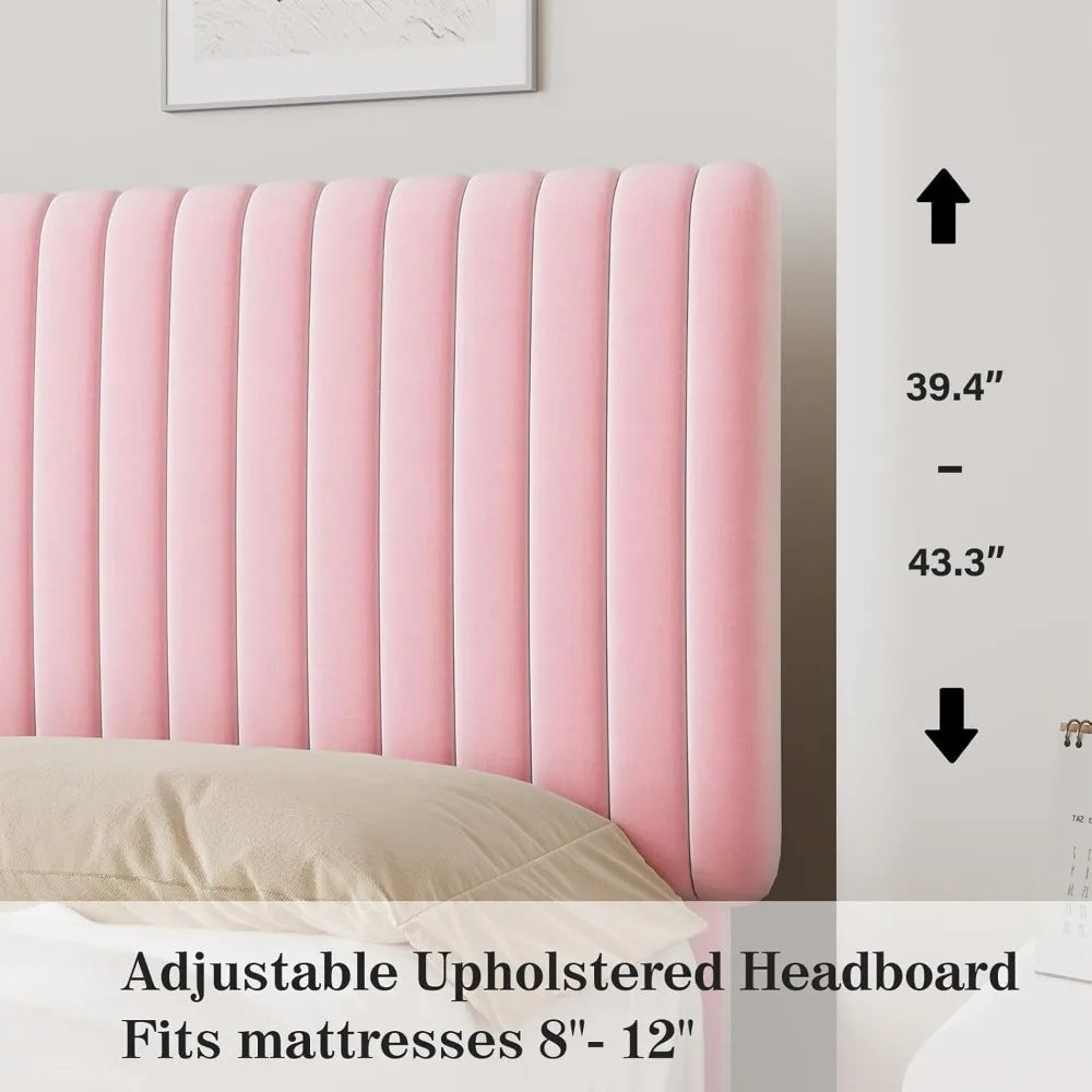Queen Size Bed Frame with Headboard, Velvet Upholstered Platform Bed with Vertical Channel Tufted Design, No Box Spring Required