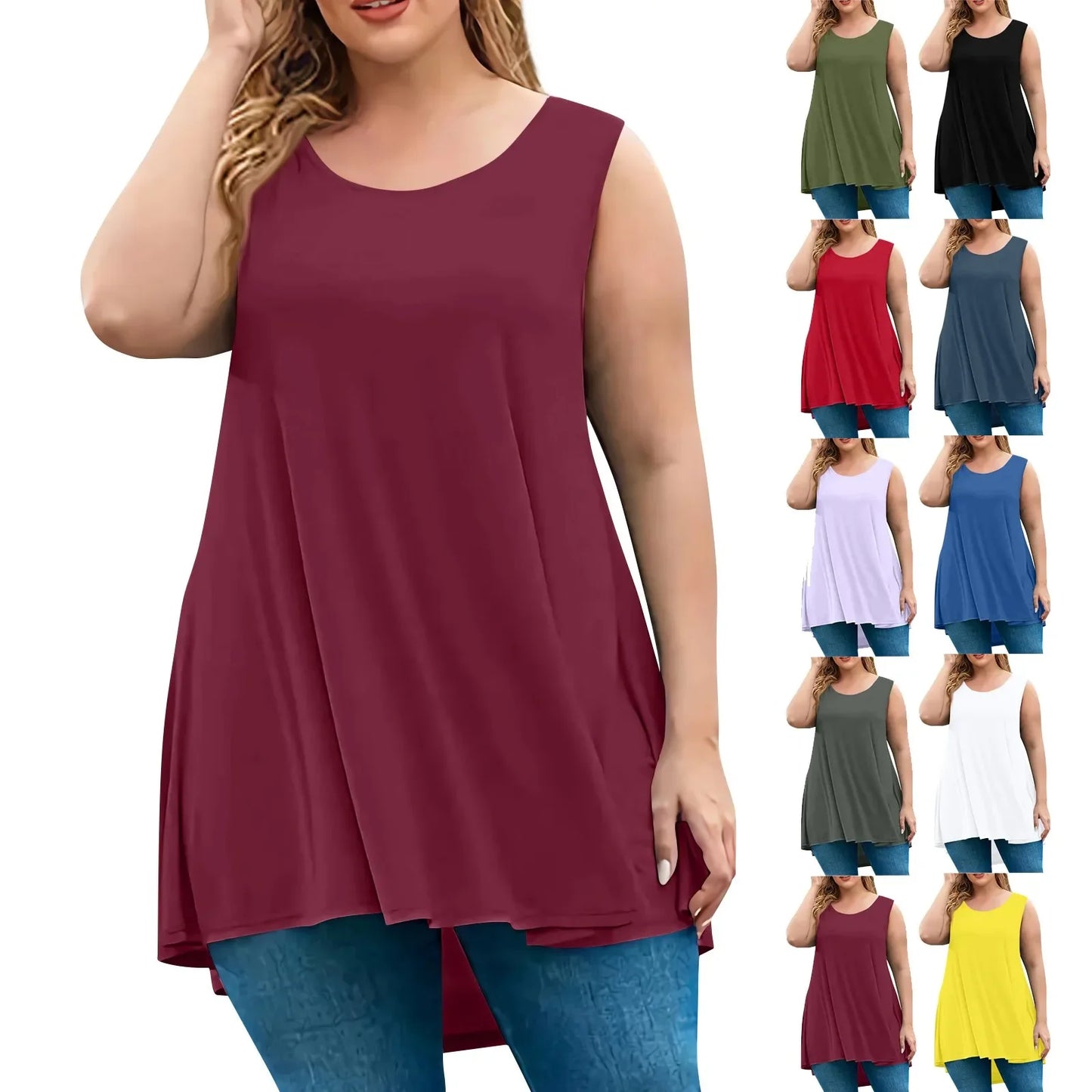 Plus Size Tanks & Camis women's fashion summer round neck sleeveless casual solid color loose pullover top plus size vest tops