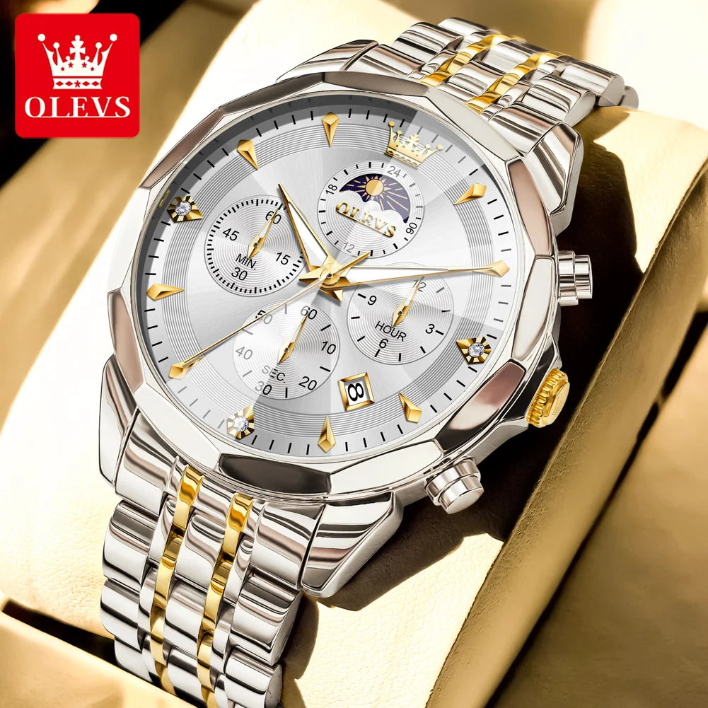 OLEVS 3673 Mens Watch Business Brand Quartz Watches Multifunctional Chronograph Waterproof Moon Phase Watch Mens Gifts Original