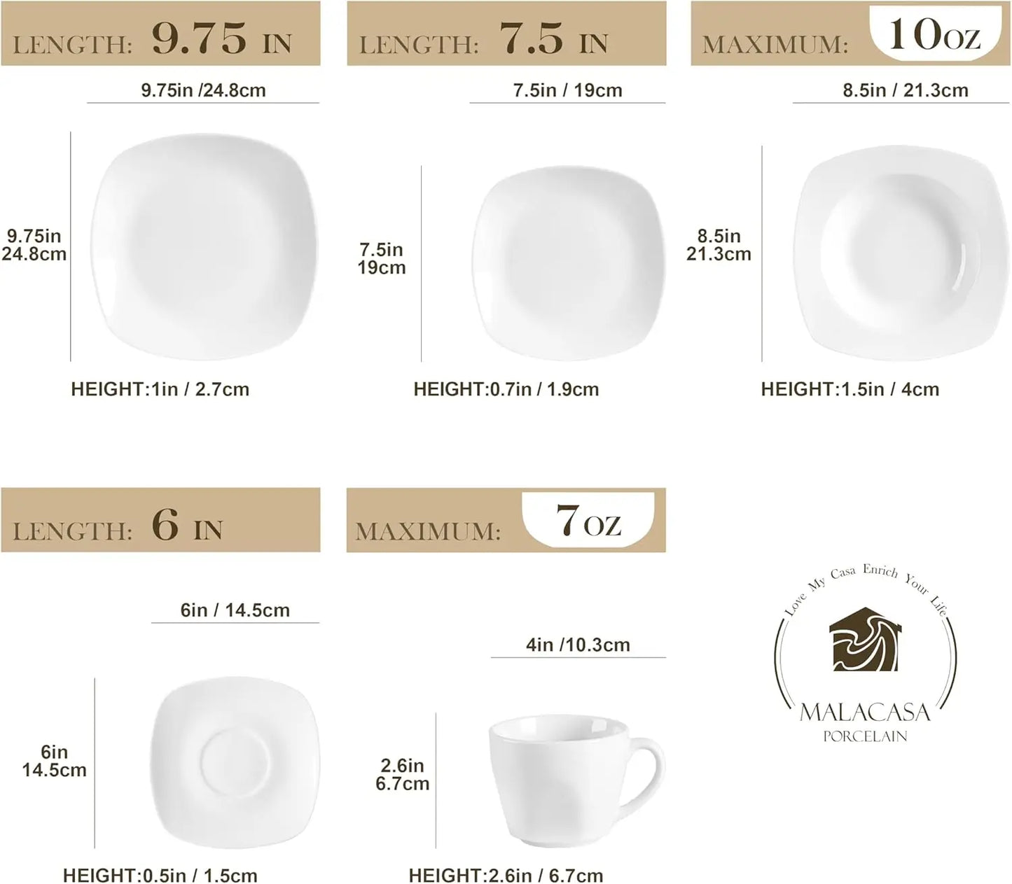 30 Piece Porcelain Dinnerware Set, Grey White Dish Set for 6, Square Ceramic Dishware Sets, Chip and Scratch Resistant Plates an