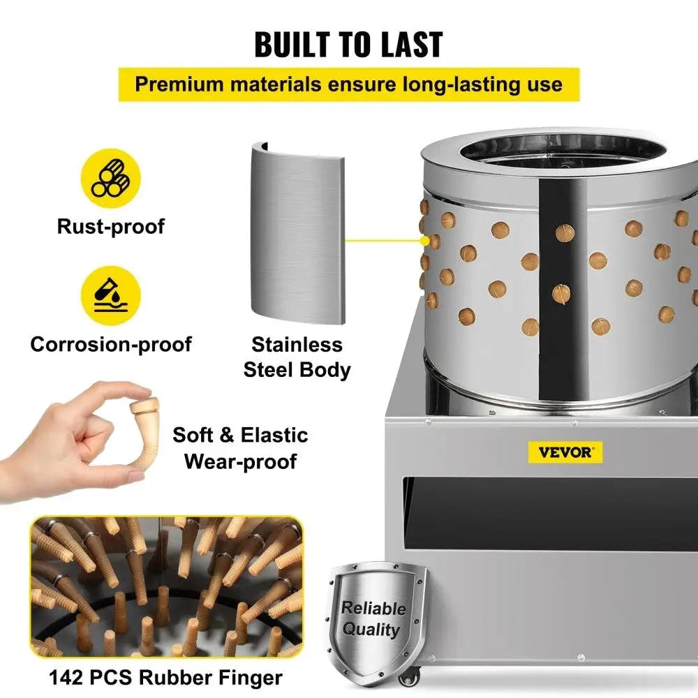Poultry Plucker 2200W Stainless Steel Removal Machine 23.5inch 240Rmin with Wheels for Chicken and Turkey