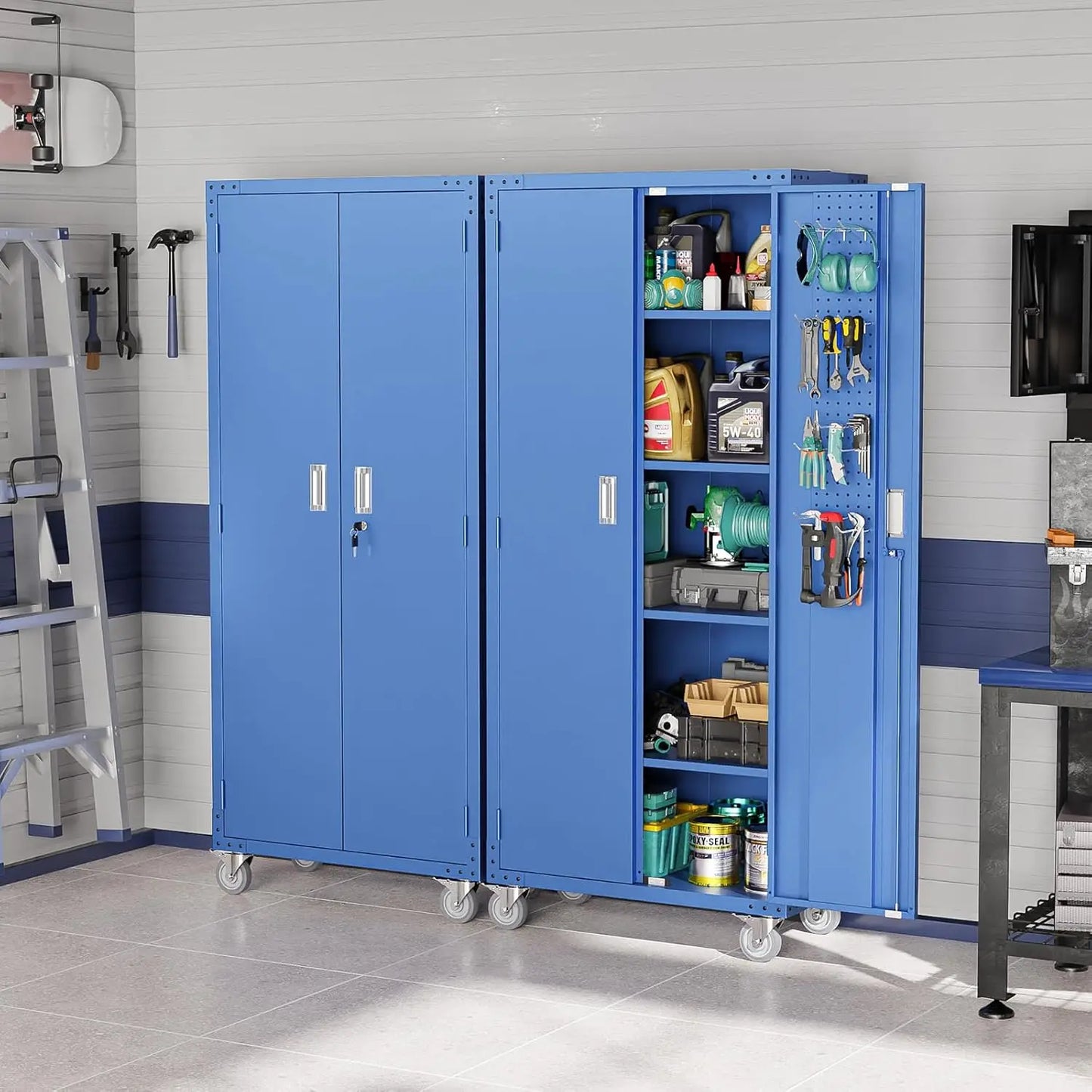 72'' Tall Metal Garage Storage Cabinet with Pegboards, Wheels, Locking Doors and Adjustable Shelves, File Cabinet