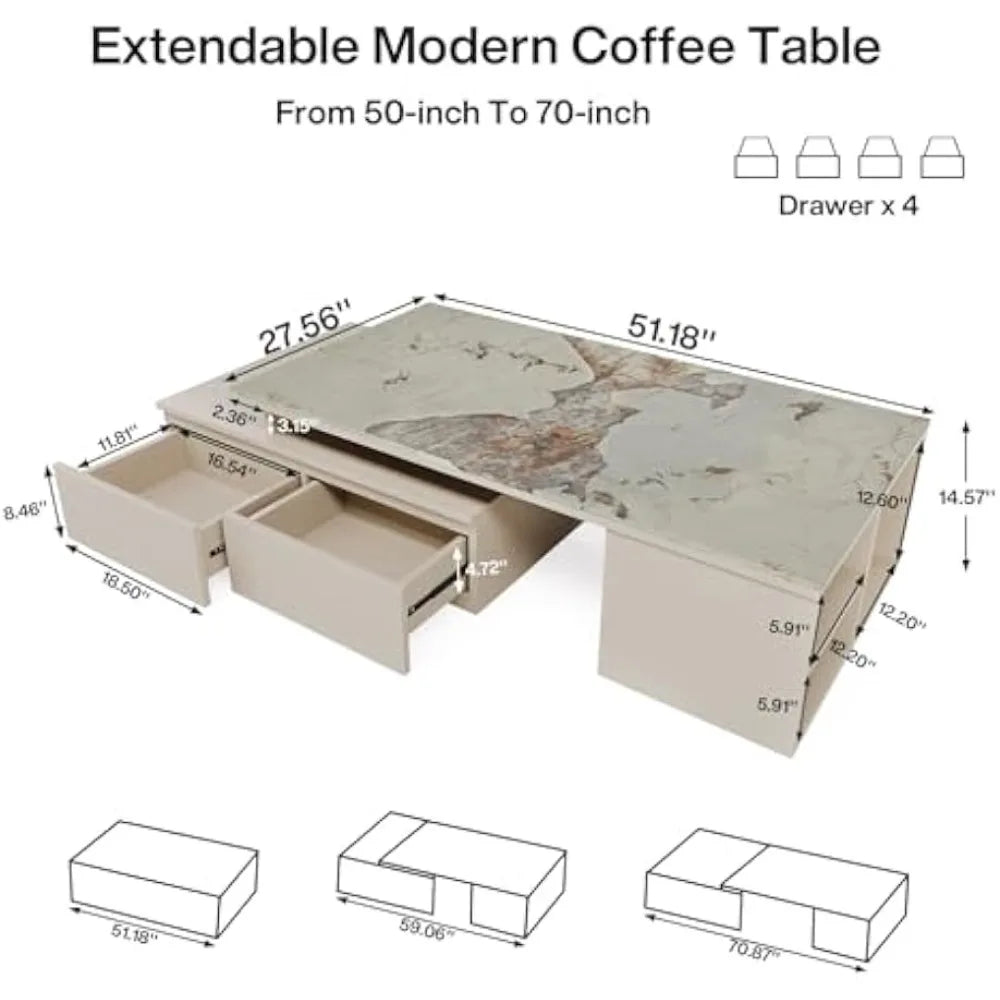 Extendable Tabletop Coffee Table with 4 Drawers and Storage Shelf Modern Design 51 Inch to 71 Inch Center Table for Living Room Beige