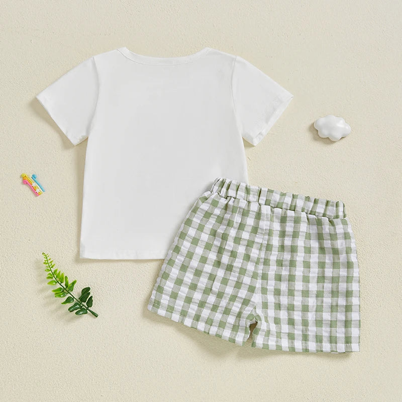 Cute Toddler Boy Summer Clothes Set with Embroidered T-Shirts and Plaid Shorts for a Stylish Look in Hot Weather