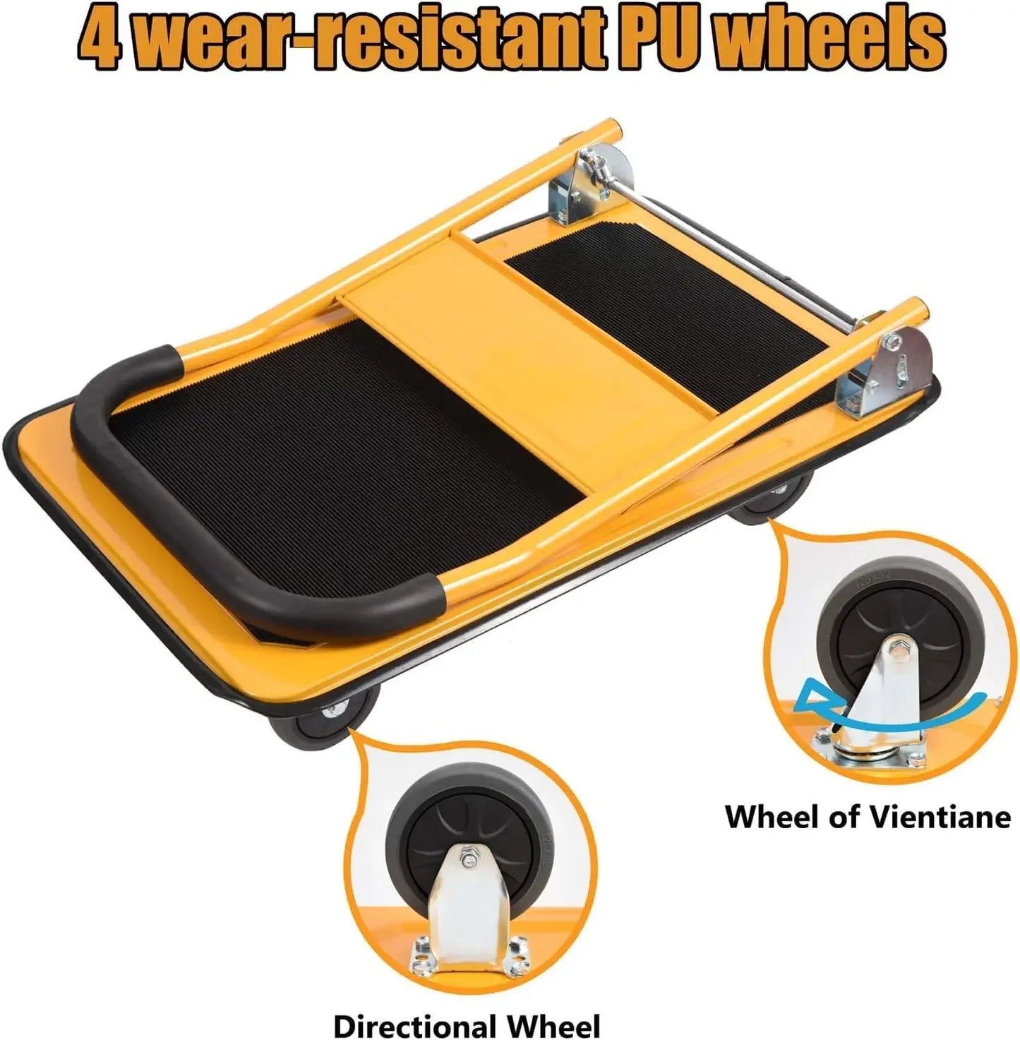 Foldable Push Cart Platform Cart 330lbs Capacity 4 Wheels 28.7x18.5x32.3inches Yellow Small Flatbed Cart