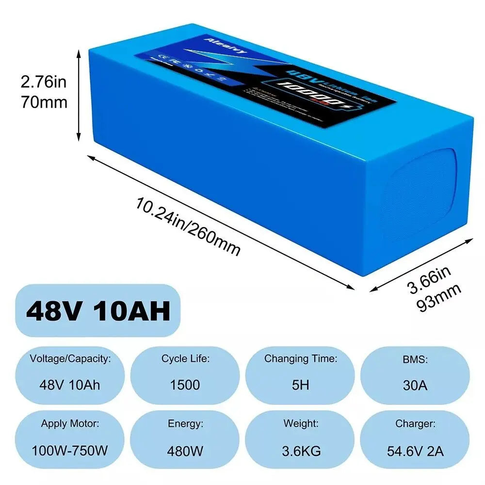 Aleaivy 36V 48V Electric Bike Lithium Battery Pack 10,14,20Ah Li ion Ebike Battery for Bicycle Scooter Motorcycle with Charger
