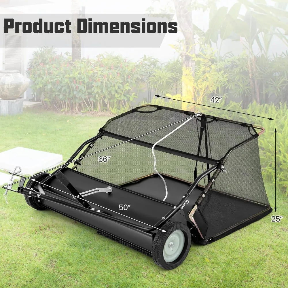 42" Lawn Sweeper Tow Behind, Yard Sweeper w/26Cu.FT Large-Capacity Hopper Bag, Dumping Rope, Adjustable Sweeping Height, Leaf G