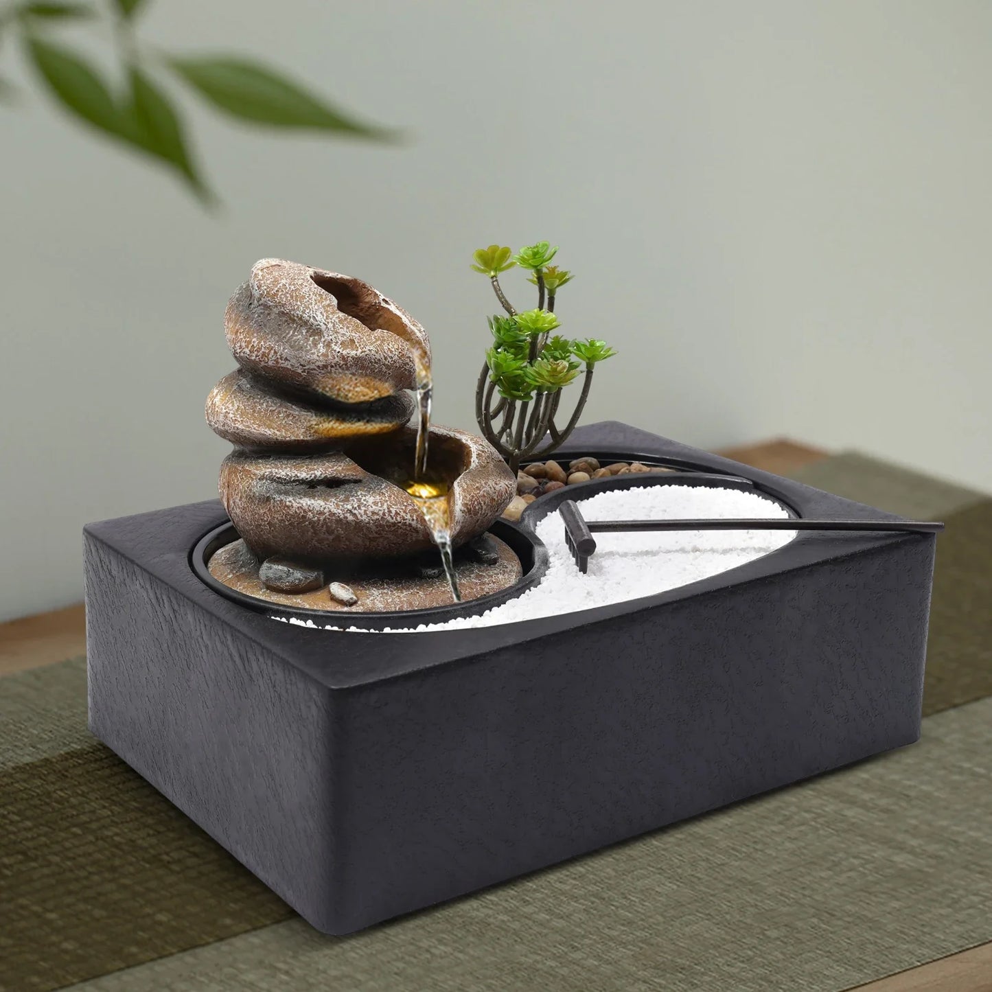 Tabletop Rock Water Fountain W/ LED Light,Indoor Waterfall Decor for Desk,Relaxing Zen Fountain,Decorative Stone Water Feature