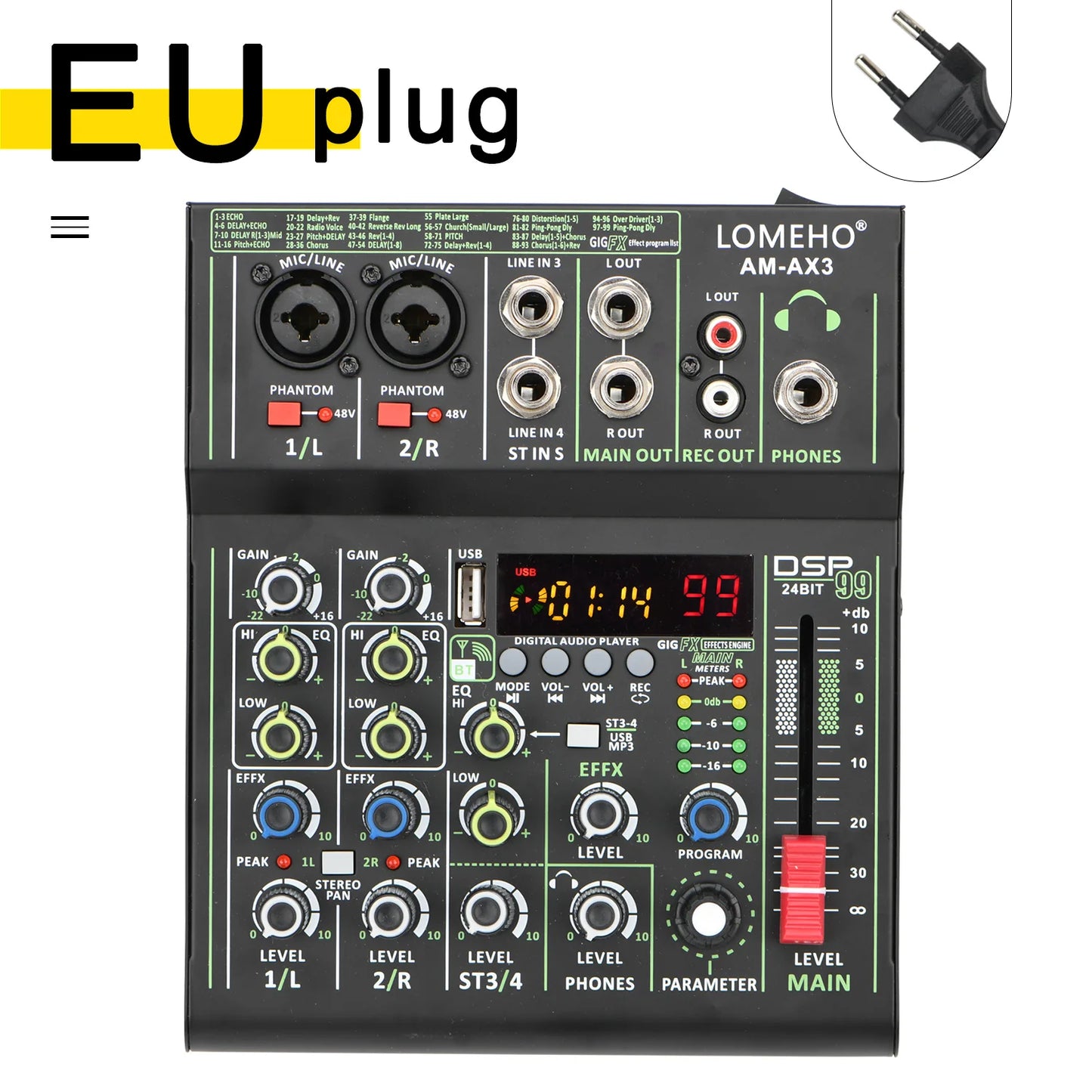 LOMEHO 4 Channel Audio Mixer Mini Portable Sound Mixing Console Bluetooth USB Play Record 99 DSP Effect 48V Dj Controller AM-AX3