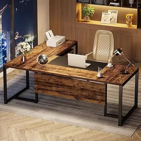 "70” Executive Desk with File Cabinet – Large L-Shaped Design with Storage & Drawer Cabinets – Computer Office Workstation"