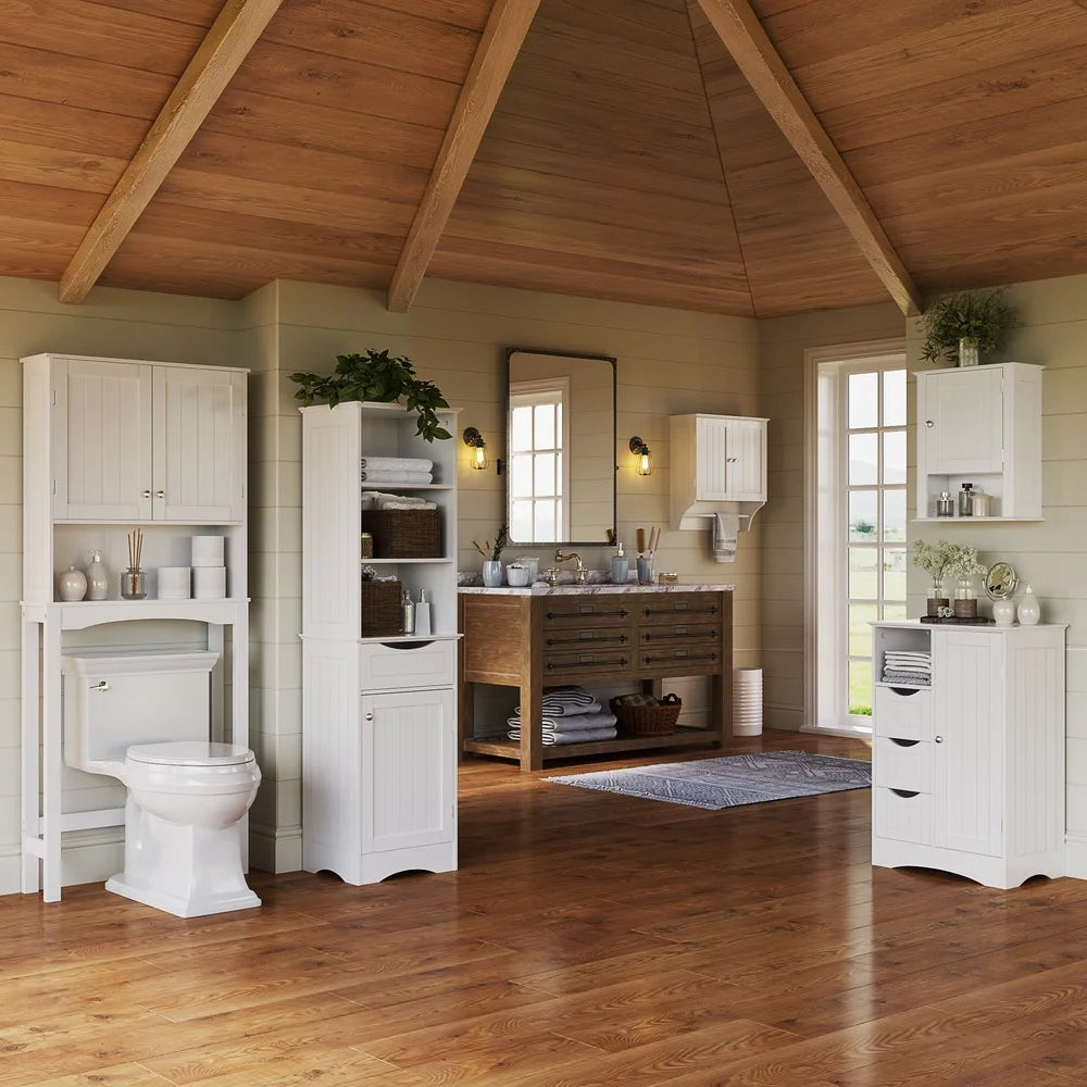 Two Door Wall Mount Bathroom Cabinet Storage with Towel Bar Mirrored Knobs Medicine Cabinet Laundry Room Organizer White