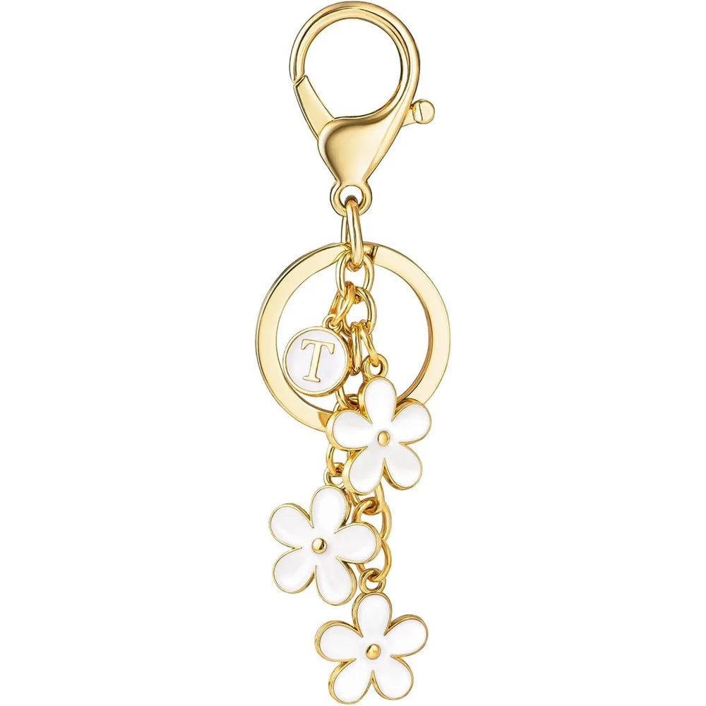 Initial Keychain White/Pink Flower Charms Key Cute Letter Keyring For Handbag Backpack