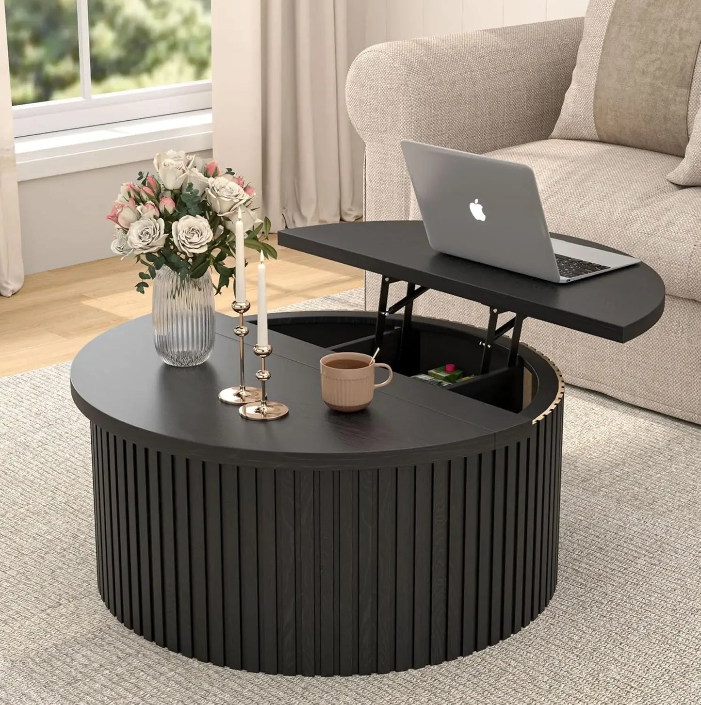 Lift Top Coffee Table with Storage, Round Coffee Tables for Living Room, 34.6'' Farmhouse Fluted Coffee Table, Wood Center Table