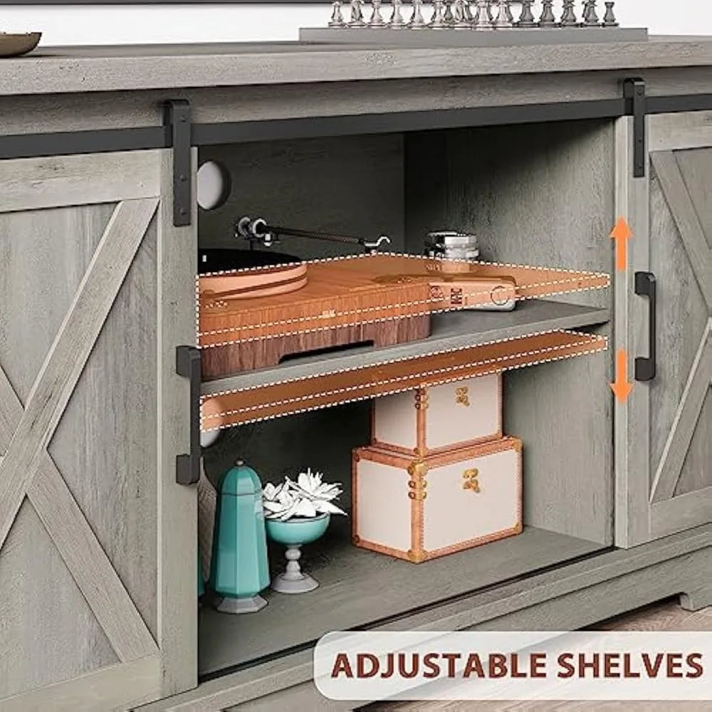 Grey Farmhouse Cabinet, 65 Inch TV Stand with Storage, Barn Doors and Shelves, Modern TV Console Table Furniture for Living Bed