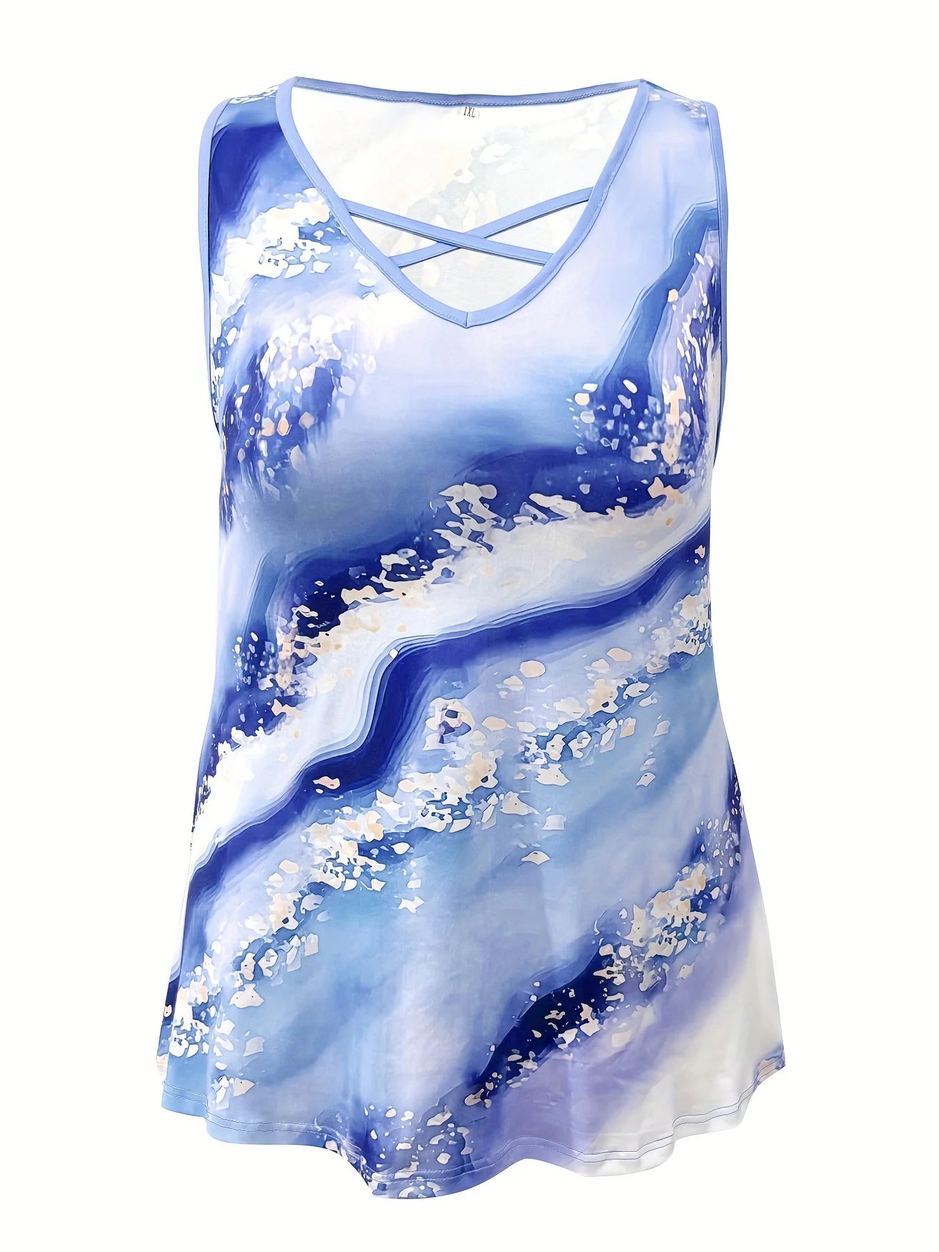 Plus Size Marble Print Tank Top Casual Criss Cross Sleeveless V Neck Top For Summer & Spring Women's Plus Size Clothing