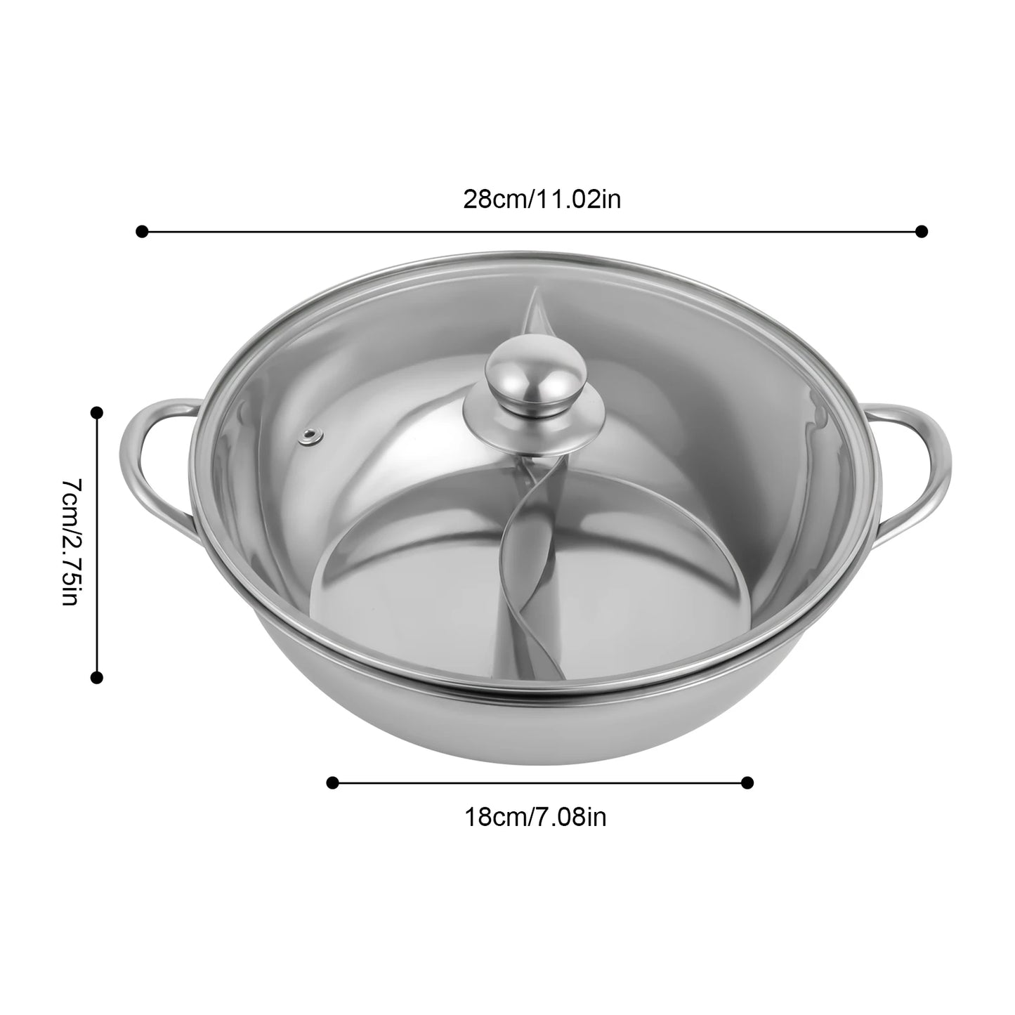 28/32/34cm 304 Stainless Steel Hot Pot with Divider Hot Pot Set Pot with Glass Lid Hot Pot with Spoon and Leaky Spoon