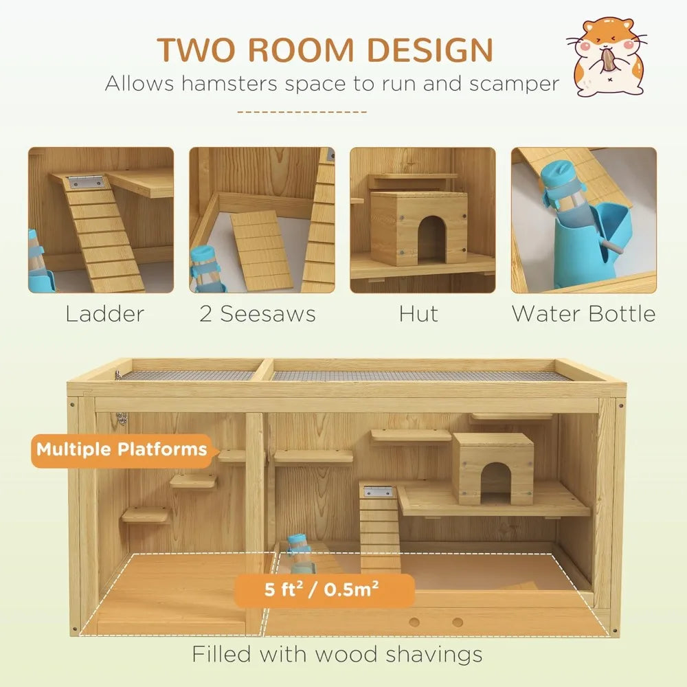 Wooden Hamster Cage, Extra Large Gerbil Cage, Multi-Layer Small Animal Cage for Dwarf Hamster, Activity Center with Pull-Out Tr