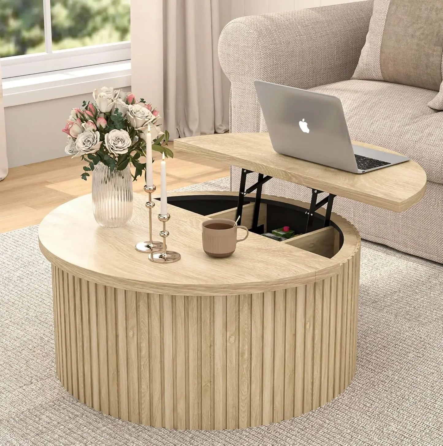 Lift Top Coffee Table with Storage, Round Coffee Tables for Living Room, 34.6'' Farmhouse Fluted Coffee Table, Wood Center Table