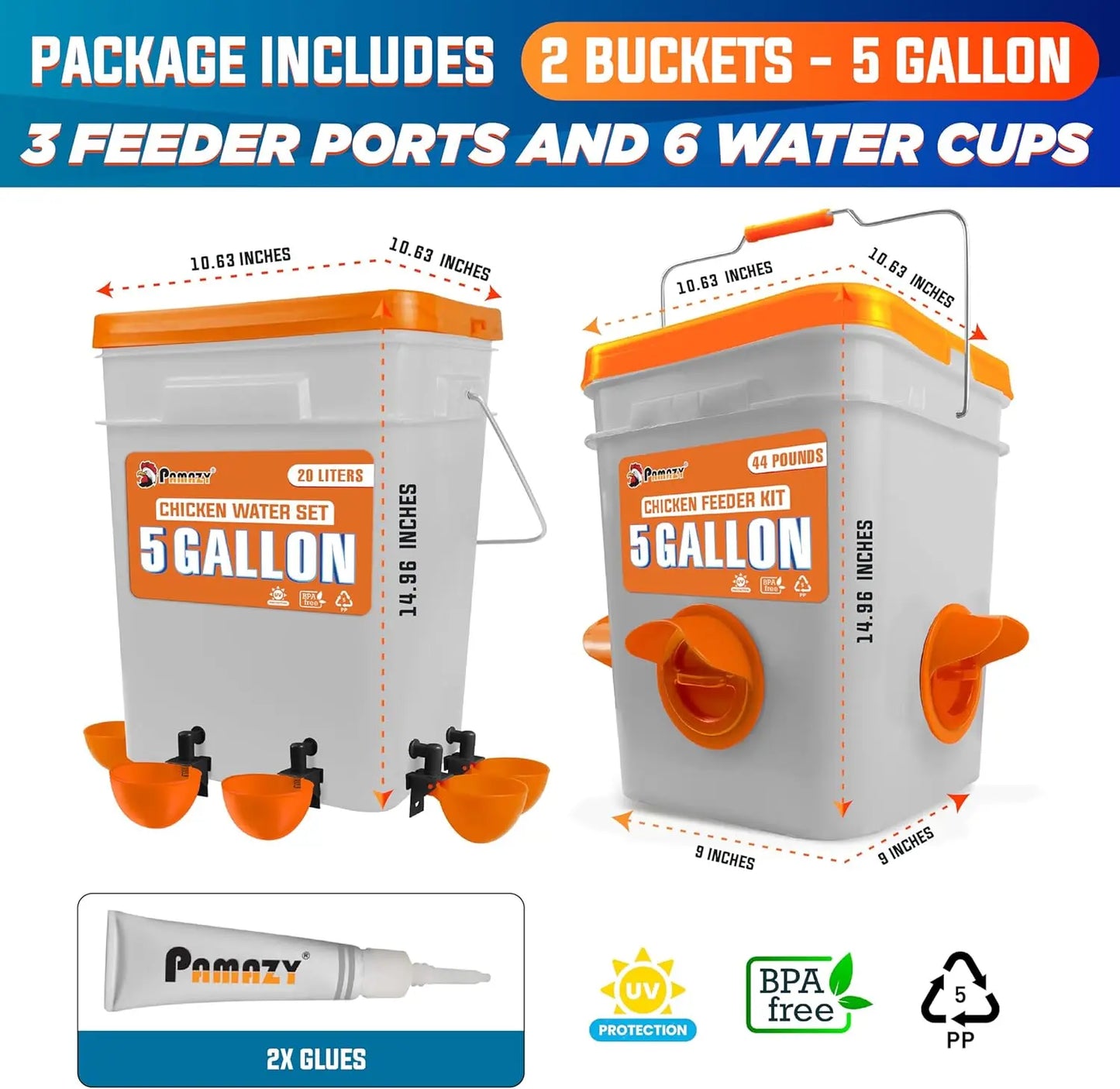 5 Gallon Automatic Chicken Feeder and Waterer Set with No Waste Chicken Feeder Port and Rain Proof Water Cup