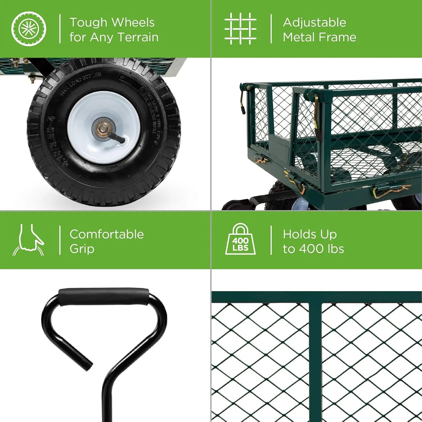 Utility Garden Cart Wagon for Lawn Yard w Heavy Duty Steel 400lb Weight Capacity Removable Sides Long Handle 10in Tires Green