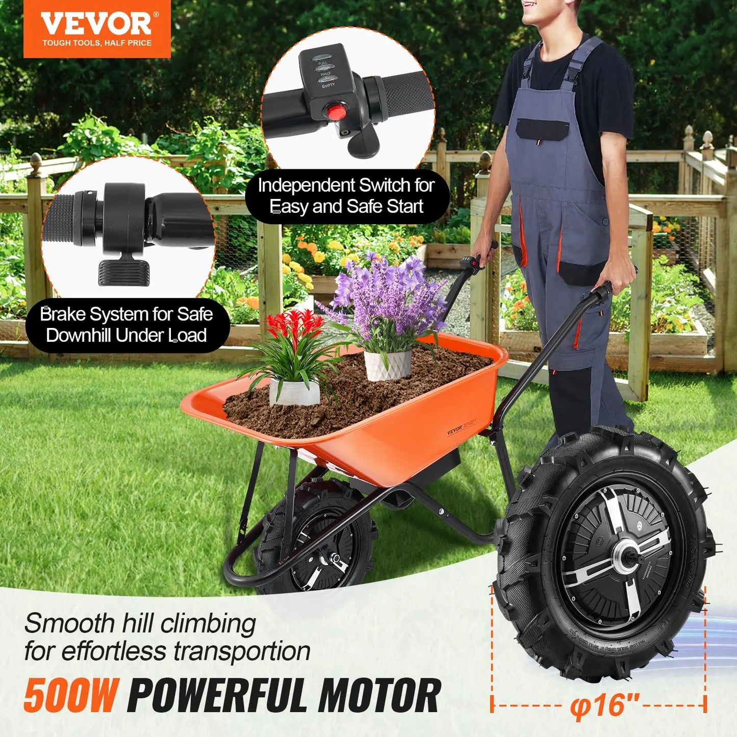 Electric unicycle, 500W power multifunctional garden truck dump truck, 330-pound capacity, courtyard cart, and lawn farm truck