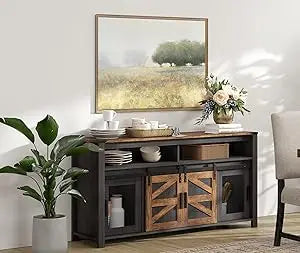 Farmhouse Coffee Bar Cabinet, 59" Buffet Server Sideboard with Sliding Barn Doors, Storage Cabinet Cupboard Table with Mesh Doo