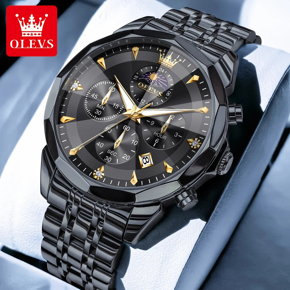 OLEVS 3673 Mens Watch Business Brand Quartz Watches Multifunctional Chronograph Waterproof Moon Phase Watch Mens Gifts Original