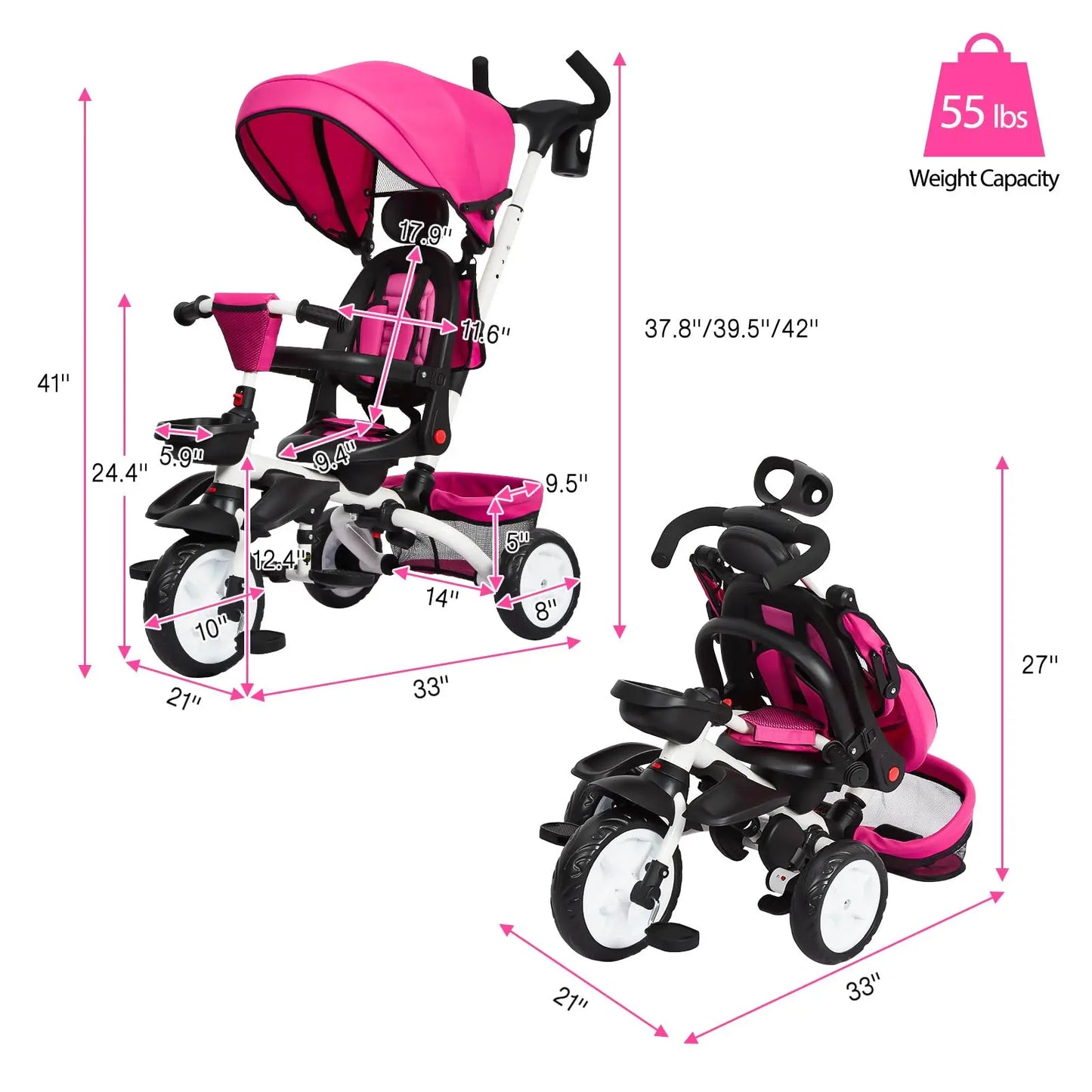 Foldable Baby Tricycle for Kids, 7 in 1 Toddler Tricycle Stroller for 1-5 Year Old, Baby Trike with Safety Harness, Adjustable