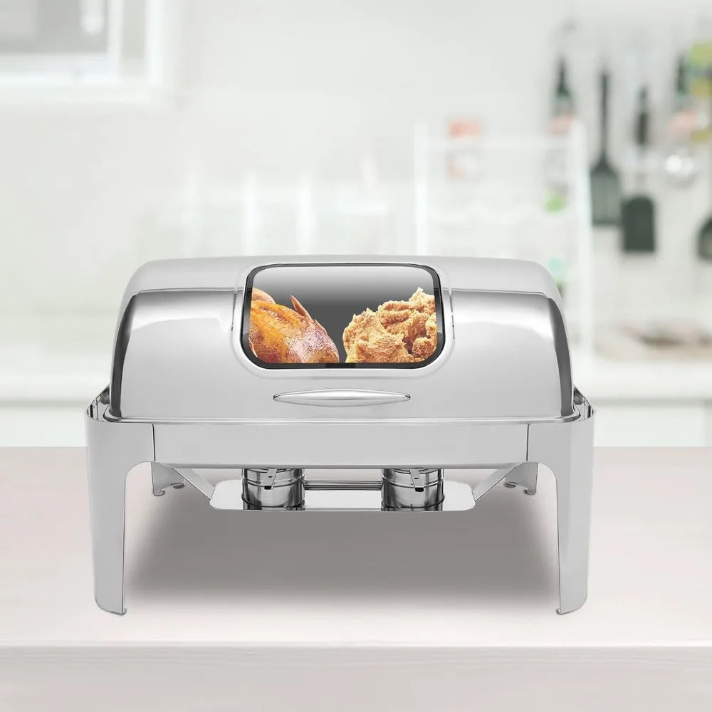 Roll Top Chafing Dish Buffet Set Stainless Steel Chafer with 2 Pot and 2 Alcohol Fuel Cans Rectangle Catering Warmer Server
