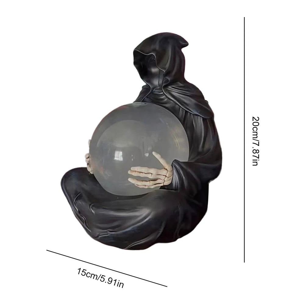 Grim Reaper Statue Crystals Balls Reaper Sitting Statue Floating Bat Crystal Ball Resin Death Robe Sculpture for Halloween Decor