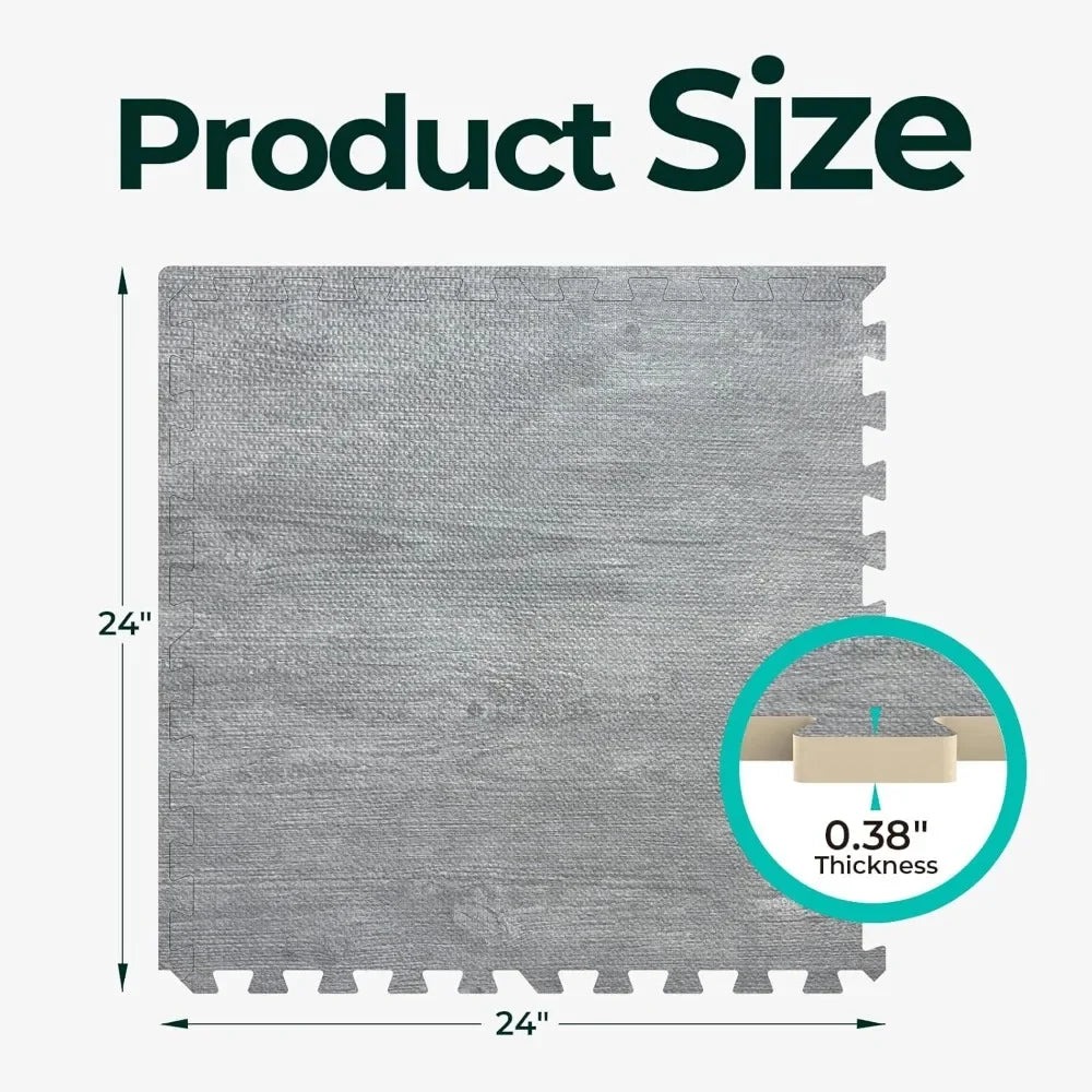 100 Sq. Ft 3/8 Inch Thick Printed Foam Tiles Interlocking Foam Mat, 24" x 24", 25 pcs, Grey Wood Grain Style Print Carpet