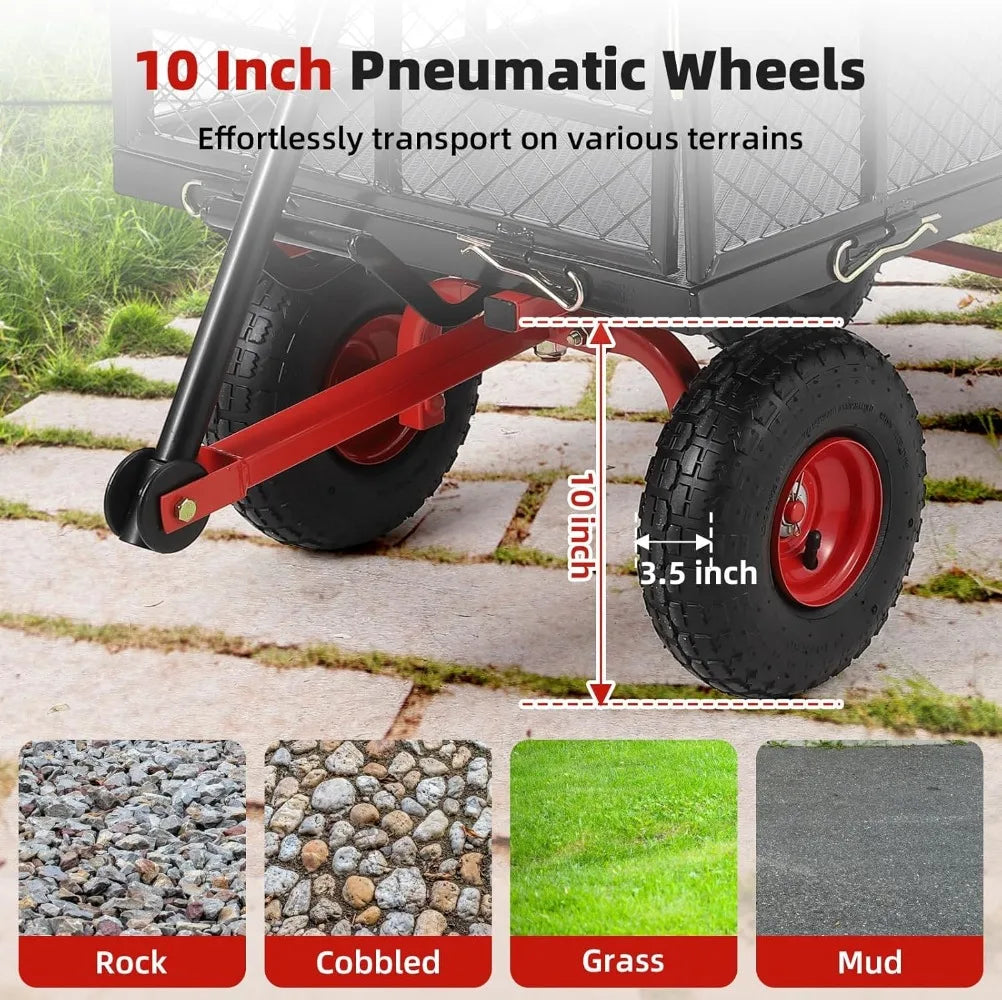 Flat Free Tires Steel Garden Cart with 180° Rotating Handle and Removable Sides, Heavy Duty Utility Garden Carts and Wagons