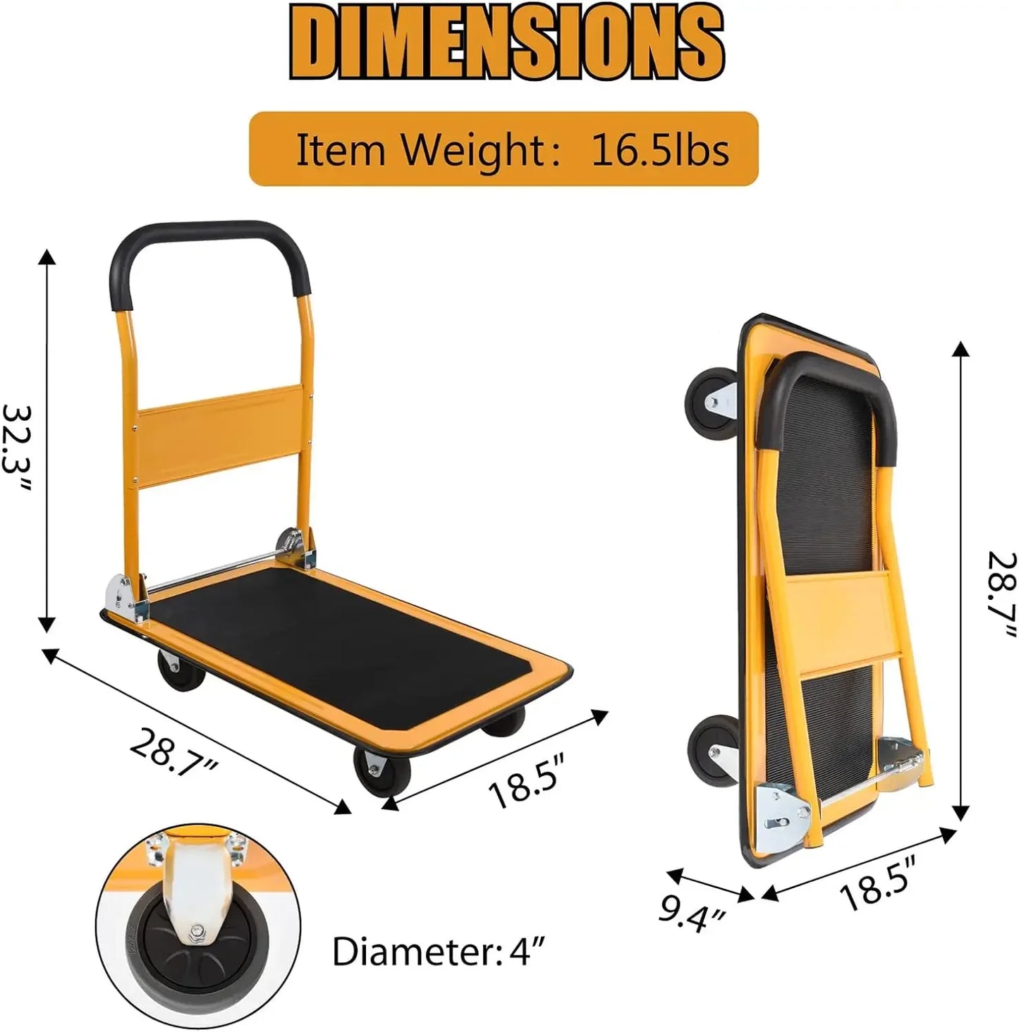 Foldable Push Cart Platform Cart 330lbs Capacity 4 Wheels 28.7x18.5x32.3inches Yellow Small Flatbed Cart