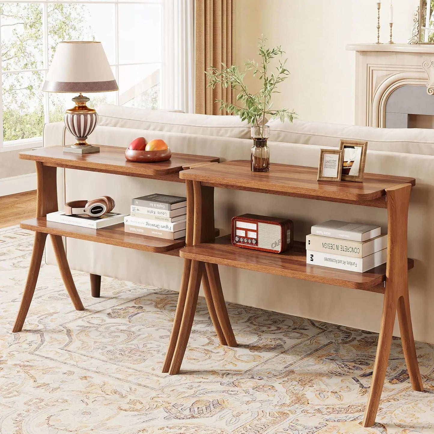 Side Table for Living Room, Farmhouse End Table with 2-Tier Storage Shelf and Solid Wood Legs, Nightstand for Bedroom